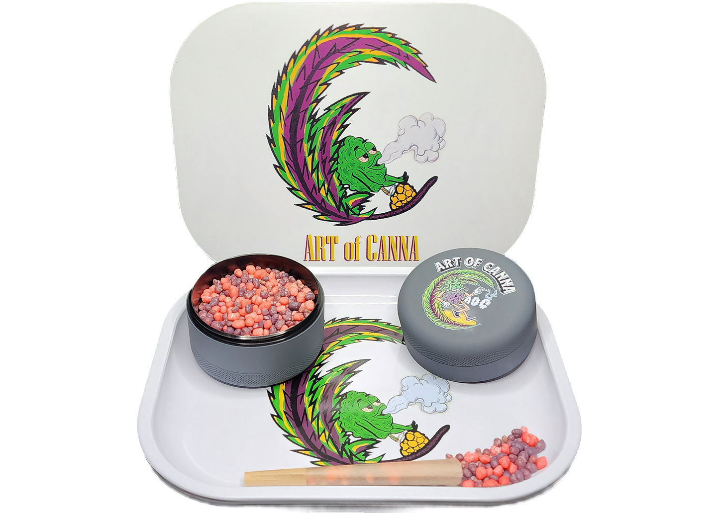 Premium Rolling Tray w/Magnetic Lid - White x Grinder w/Magnetic Lid